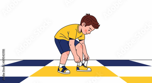 Young Boy Tying His Shoe Laces While Standing on a Distinctive Yellow and Blue Pattern