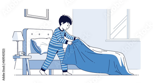 Young Boy Making His Bed, Illustration Depicting Routine and Morning Bedtime Task