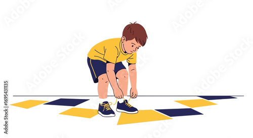 Young Boy Tying His Shoelaces, Preparing for Activity, Cartoon Illustration of Child
