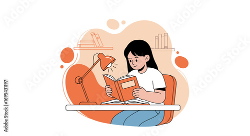 Young Girl Reading Illuminated Book While Studying At Her Desk With Lamp