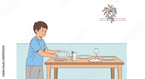 Young Person Preparing Dining Table For Dinner Illustrative Scene With Modern Style