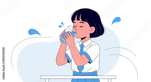 Young Pupil Refreshing with a Soothing Drink of Water in Minimalistic Illustration