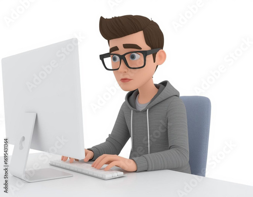 3D Character Office Worker Typing on Computer at Desk on White Background  
