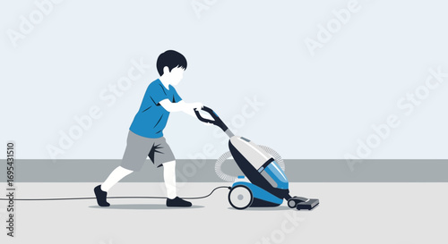 Youngster Cleaning Floor With Vacuum Cleaner, Executing The Chore Enthusiastically