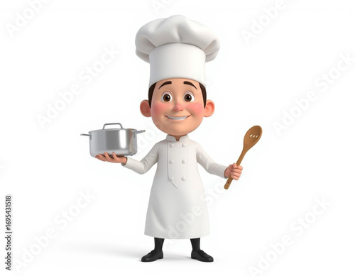 3D Cartoon Character Chef Holding Cooking Pot on White Background  
