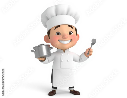 3D Cartoon Character Chef Holding Cooking Pot on White Background  
