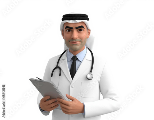 3D Character Doctor Holding Clipboard on White Background  

