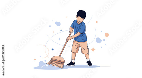 Youngster Sweeping With Broom, Illustrating Concept Of Cleanliness And Housework