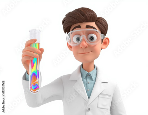 3D Character Scientist Holding Test Tube on White Background  
