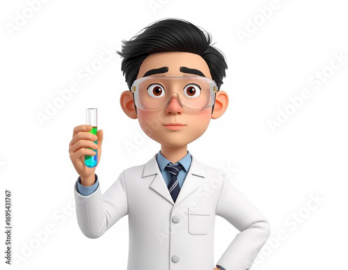 3D Character Scientist Holding Test Tube on White Background  
