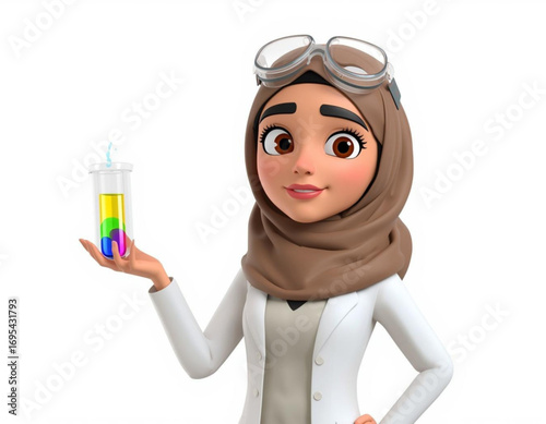 3D Character Scientist Holding Test Tube on White Background  
