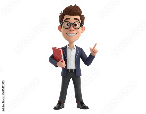 3D Character Teacher Holding Book and Pointing on White Background  

