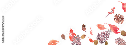 水彩画。水彩タッチの秋のベクターフレーム。秋の落ち葉と植物のセット。秋の植物とどんぐりのイラスト。Watercolor. Autumn vector frame with watercolor touch. Set of autumn fallen leaves and plants. Illustration of autumn plants and acorns.