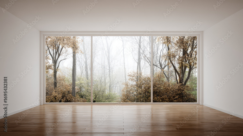 Fototapeta premium Empty room window wood forest mist autumn interior invites calm nature view through glass walls and wooden floor bathing space in soft light