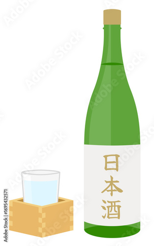 日本酒の瓶・一升瓶と枡酒・ます酒　sake　bottle of sake　Japanese sake緑色
