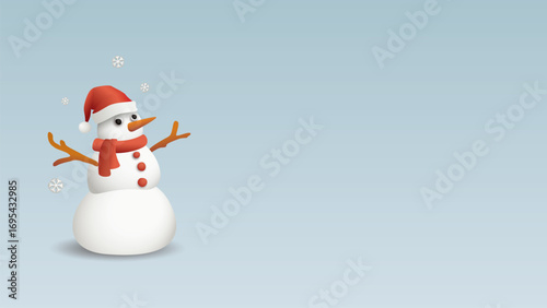 3D freaky snowman wearing Santa hat and snowflake with light blue horizontal background graphic illustration have blank space.