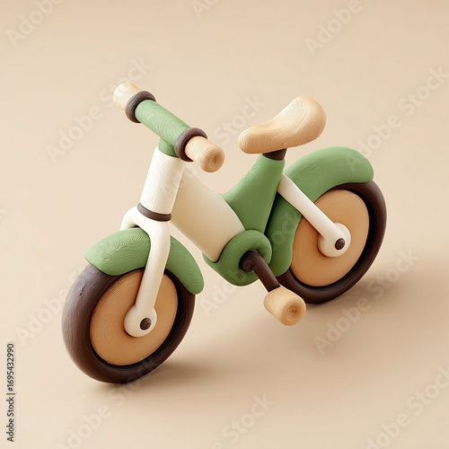 Cute illustration of a green and beige children's balance bike. Perfect for kids' product design, websites, apps, and social media. Minimalist style, ideal for branding and advertising.