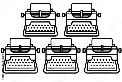 Five vintage typewriters arranged in a pattern retro