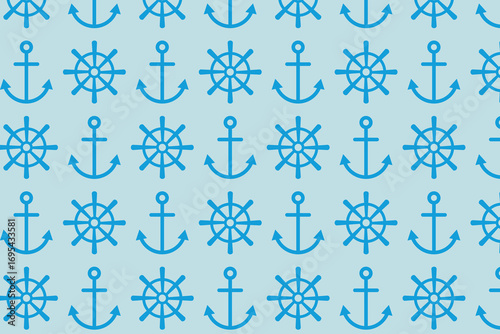 Anchor and rudder nautical background . Yacht boat anchor and ship steering wheel pattern . Vector illustration