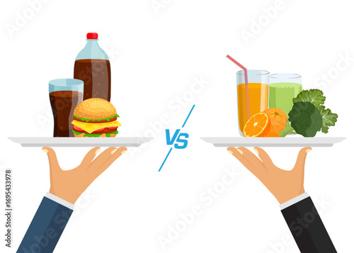 Healthy and unhealthy food choice. Salad fruit juice vs hamburger fast food in flat design. Healthy food vs unhealthy food concept. Stock illustration