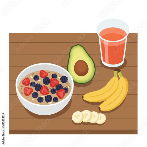 2D flat vector of a healthy breakfast spread featuring mixed berries, banana, avocado, and fruit juice on a wooden table, presented against a white background.