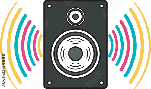 Colorful sound waves emanating from a simple, stylized speaker.