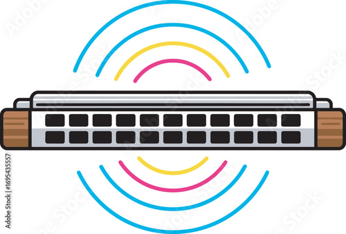 Illustration of a harmonica with sound waves emanating from it.
