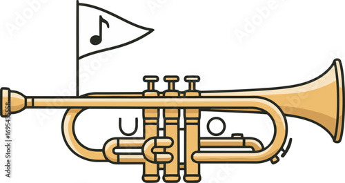Cartoon trumpet with a musical note flag, simple and stylized illustration.