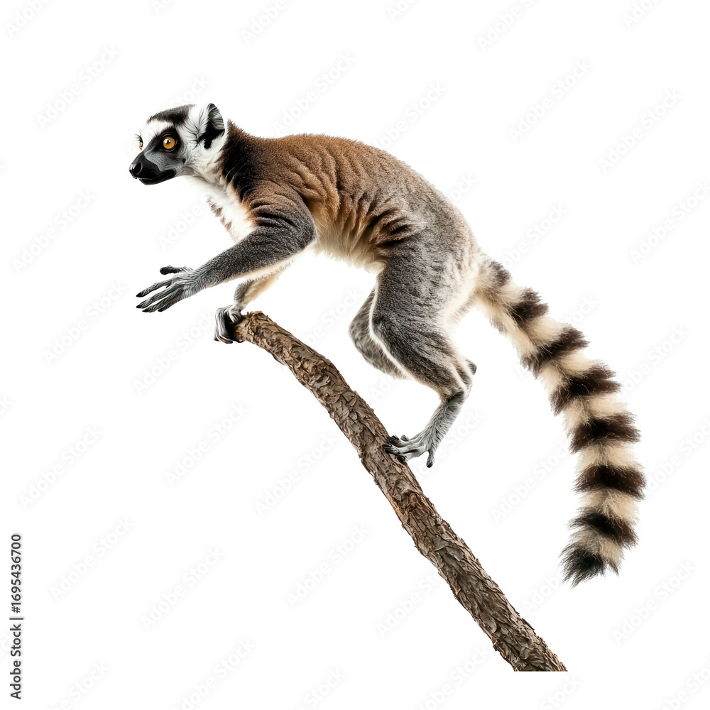 Fototapeta premium Lemur jumping Leaps from branch to branch with agility. full length isolate on transparent background