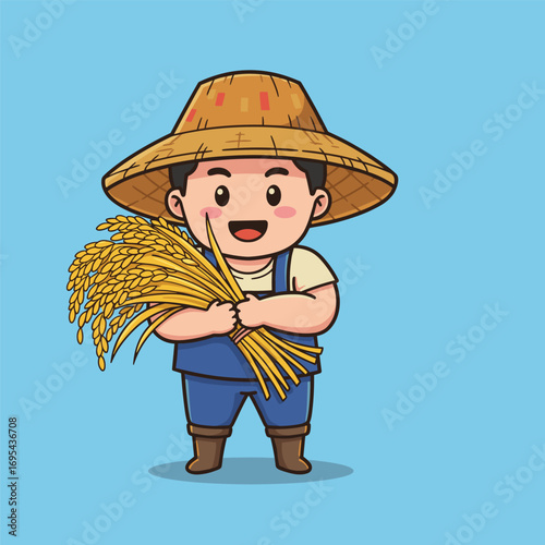 Cartoon farmer smiling while holding a bundle of rice, wearing a straw hat and overalls against a light blue background.