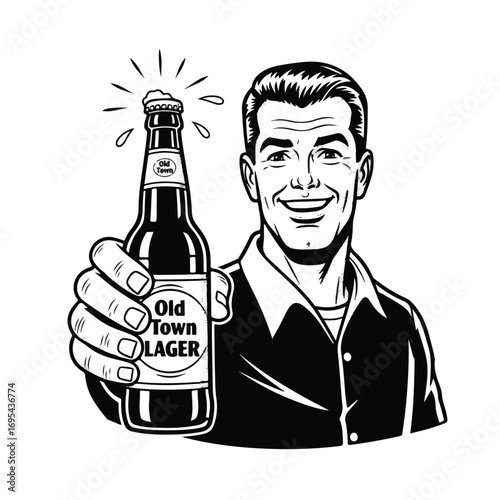 Retro illustration of a man holding a bottle of Old Town Lager.