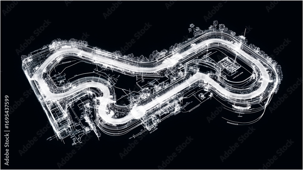 Fototapeta premium Modern conceptual rendering of formula one race track in abstract monochrome digital style representing engineering performance curves lines strategy motorsport speed competition 