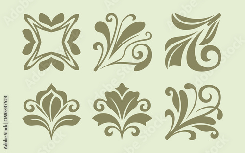 Collection of six decorative floral ornamental elements in muted green tones