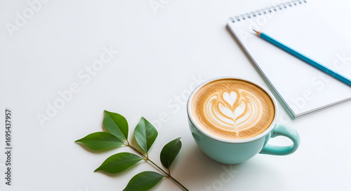 Latte Art in Teal Mug with Green Leaf and Notepad Composition.