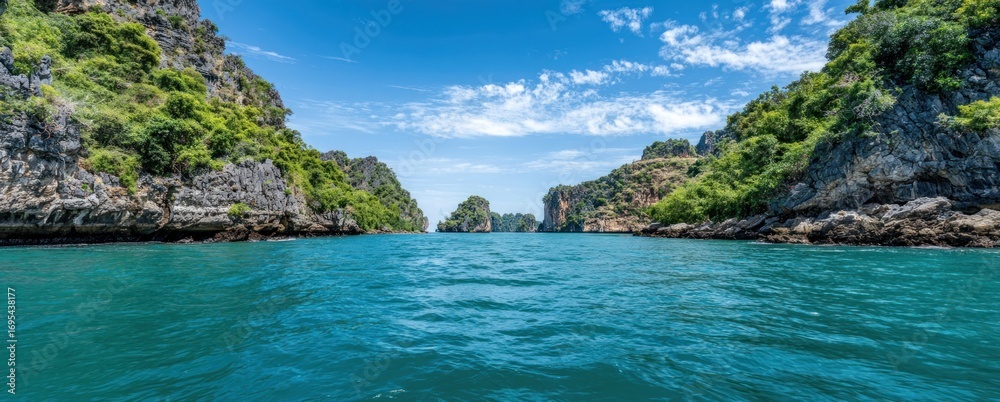 Fototapeta premium Turquoise water flows between green-topped cliffs beneath a partly cloudy sky, forming a serene tropical seascape