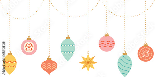 Colorful Christmas balls hanging from delicate chains, perfect for festive designs and holiday greetings. 
