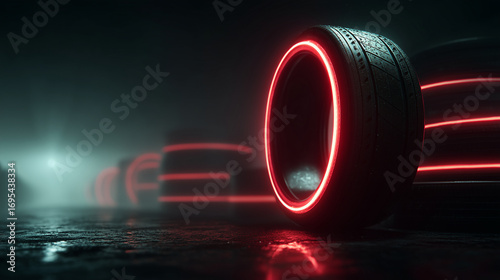 Close up glowing neon racing tire wheel symbolizing speed, performance, futuristic motorsport technology, automotive engineering innovation, velocity, acceleration