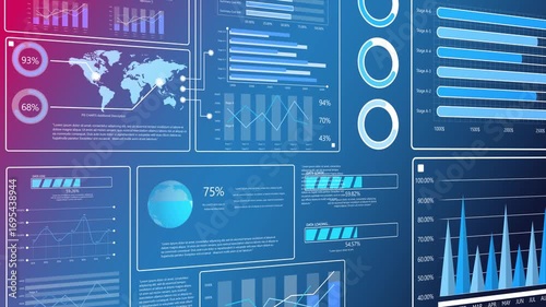 Data visualization dashboard displaying multiple graphs and metrics in a modern tech workspace, symbolizing analytics, innovation, and digital intelligence for business insights.