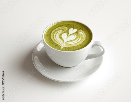 Ultra Realistic Close-Up of Matcha Latte in White Ceramic Cup on White Background