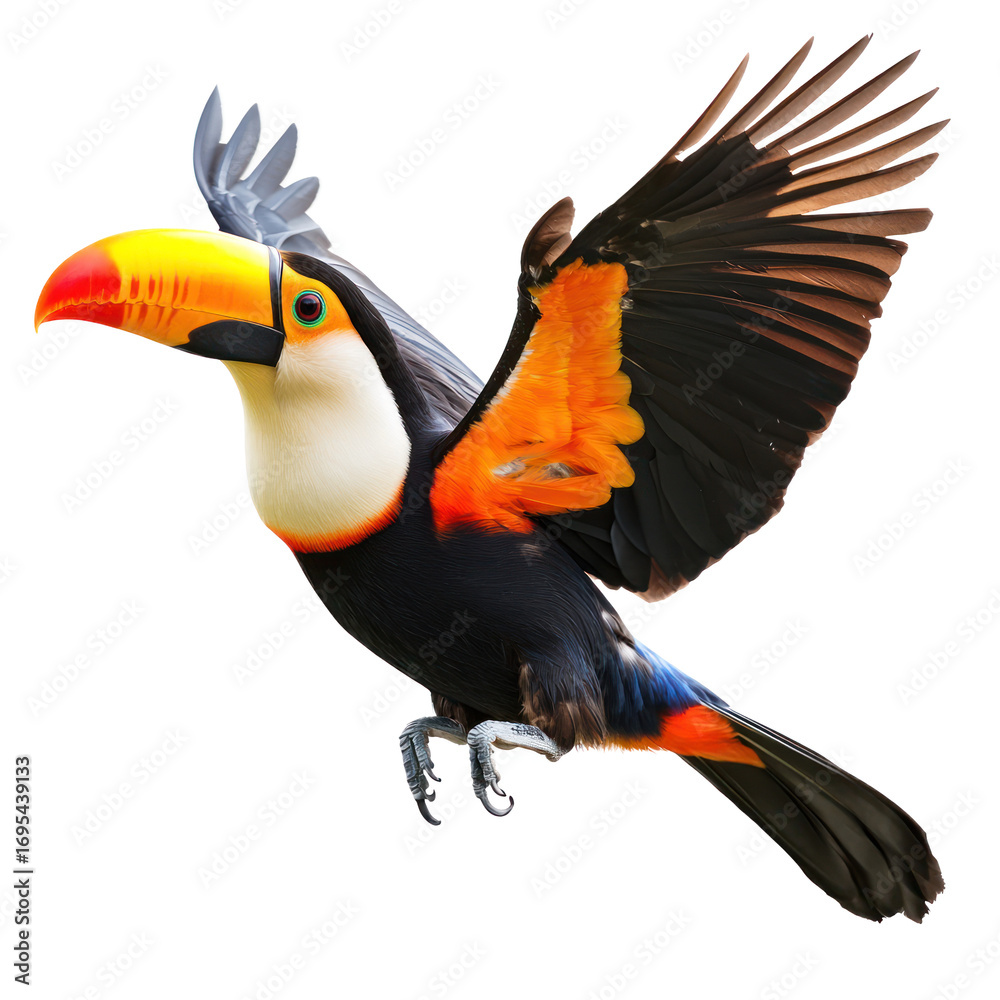 Naklejka premium Toucan hopping A toucan hops from branch to branch with quick, light movements. full length isolate on transparent background