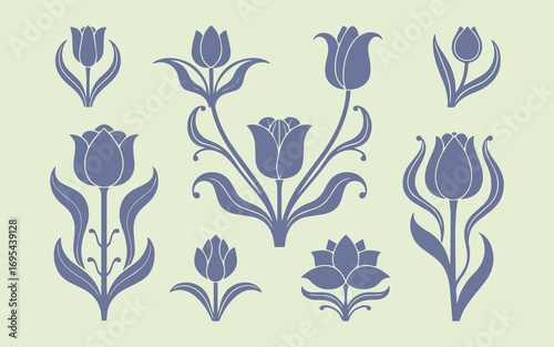 Art nouveau floral motifs with stylized tulips and leaves in muted blue