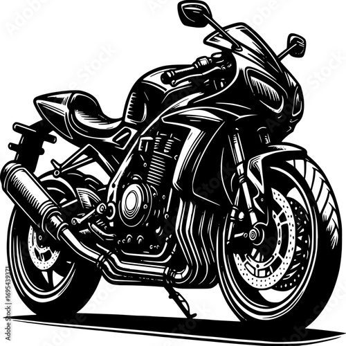 Motorcycle Illustration: A sleek motorcycle silhouette, rendered with precise lines, capturing the power, speed, and elegance of the iconic vehicle. 