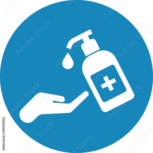 Use hand sanitizer symbol on blue circle .  Hand sanitizer pump bottle icon . Vector illustration