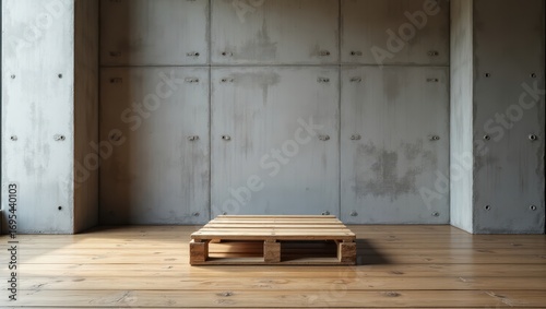 A neutral, modern interior scene showcases a light wooden pallet in a room with gray concrete walls and a light wood floor.