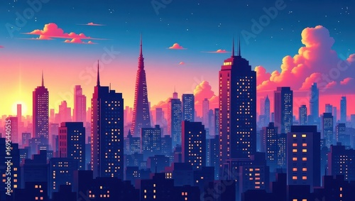 A stylized cityscape illustration showcasing a vibrant sunset over towering structures.