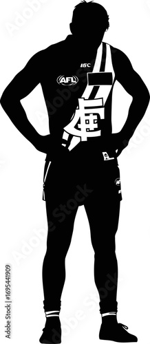 australian rules football player silhouette powerful stance, unwavering focus, athleticism personified, isolated on transparent background