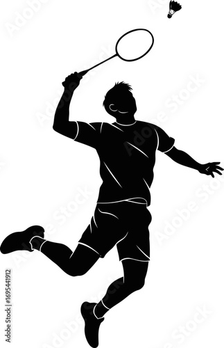 badminton player silhouette dynamic serve, effortless power, graceful flight, isolated on transparent background