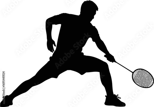 badminton player silhouette intense focus, dynamic serve, unstoppable power, isolated on transparent background