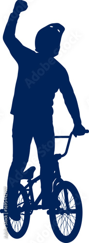 bmx rider silhouette triumphant pose, blue hue, extreme sports victory, isolated on transparent background