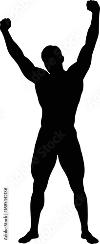 bodybuilder silhouette triumphant pose, muscular strength, ultimate victory, isolated on transparent background